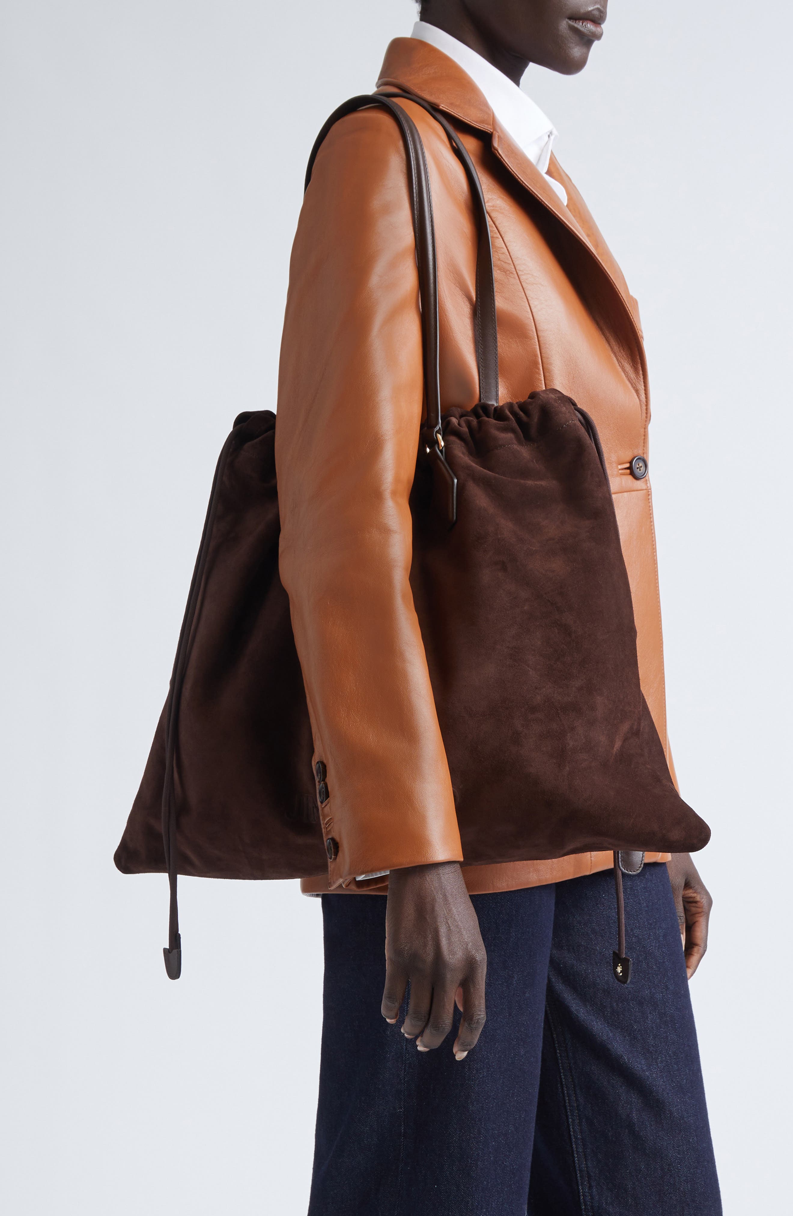 Jimmy Choo Large Drawstring Leather Tote, Alternate, color, Chocolate/ Light Gold