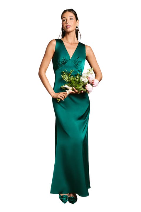 Bow Back V-Neck Satin Bridesmaid Dress