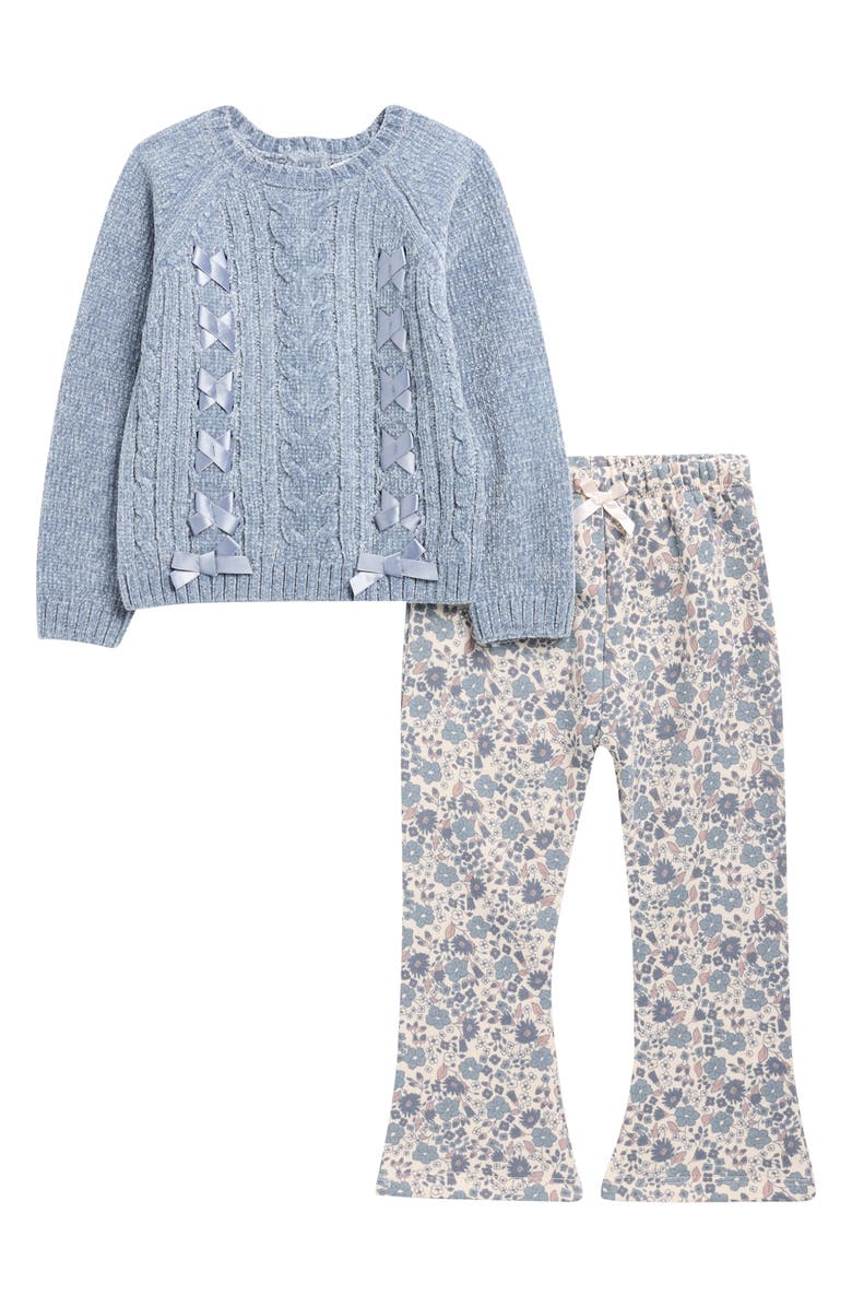 Nicole Miller Bow Chenille Cable Knit Sweater & Flare Leg Pants Set, Main, color, Tradewinds