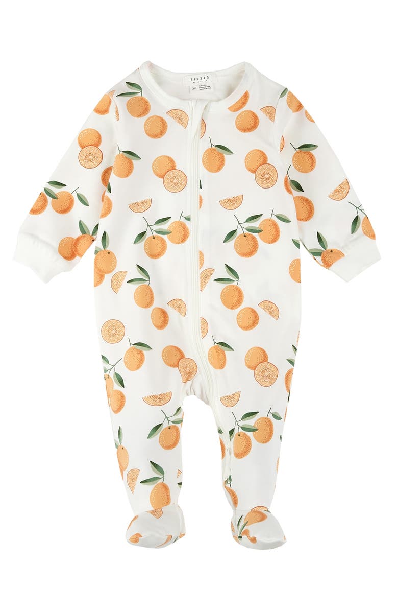 FIRSTS by Petit Lem Orange Print Cotton One-Piece Footed Pajamas, Main, color, 