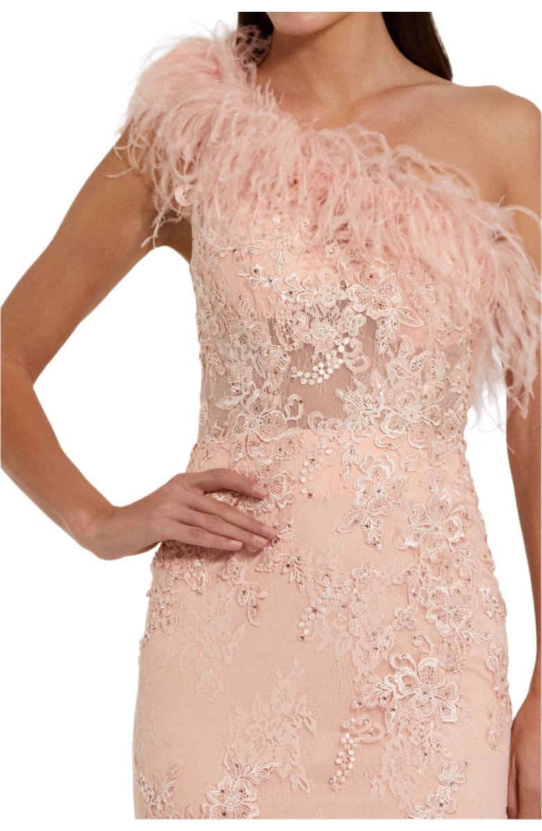 Mac Duggal One Shoulder Feather Embellished Mermaid Gown, Alternate, color, Peach