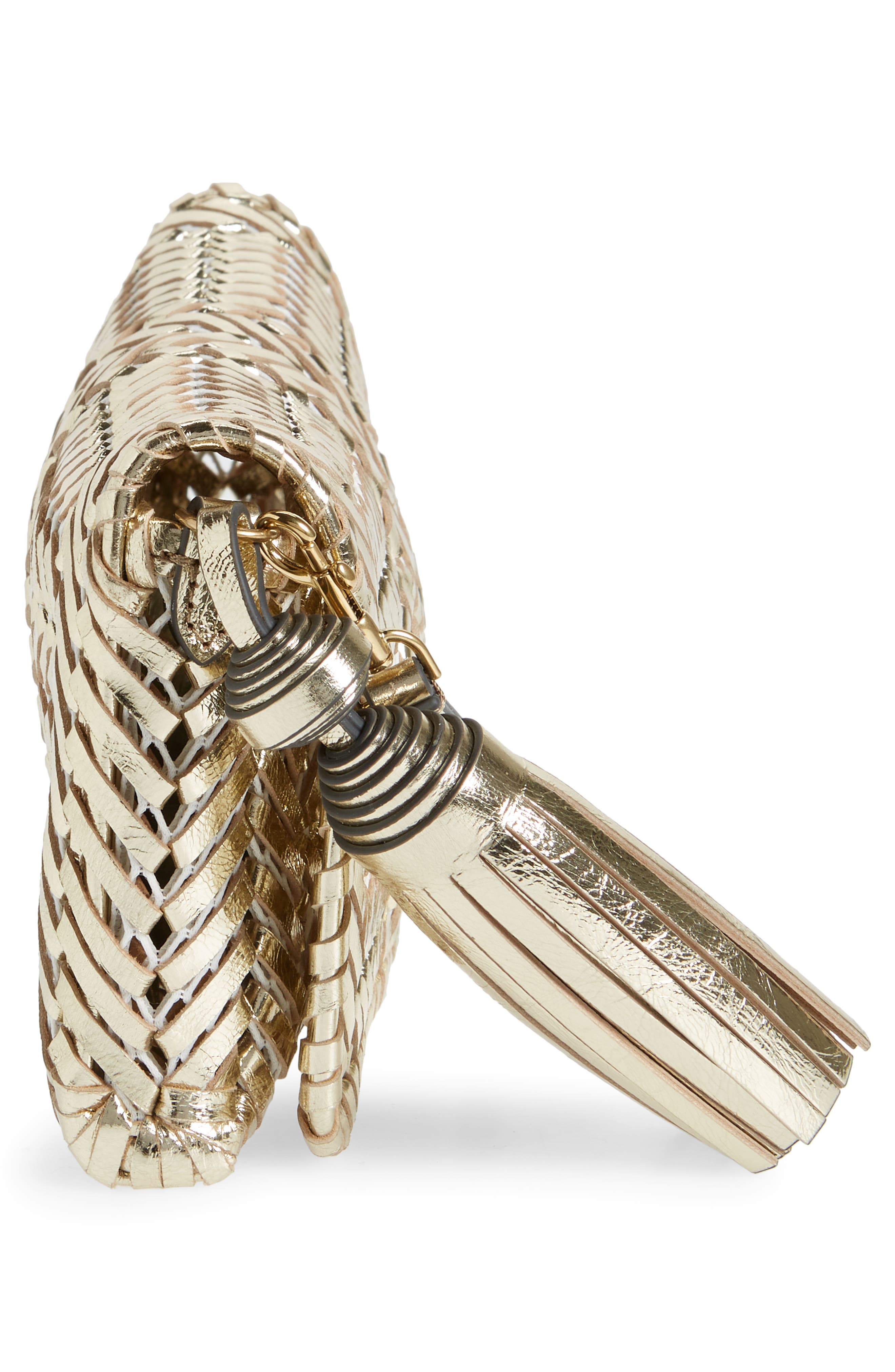 Anya Hindmarch The Neeson Herringbone Woven Metallic Leather Tassel Clutch, Alternate, color, Platino