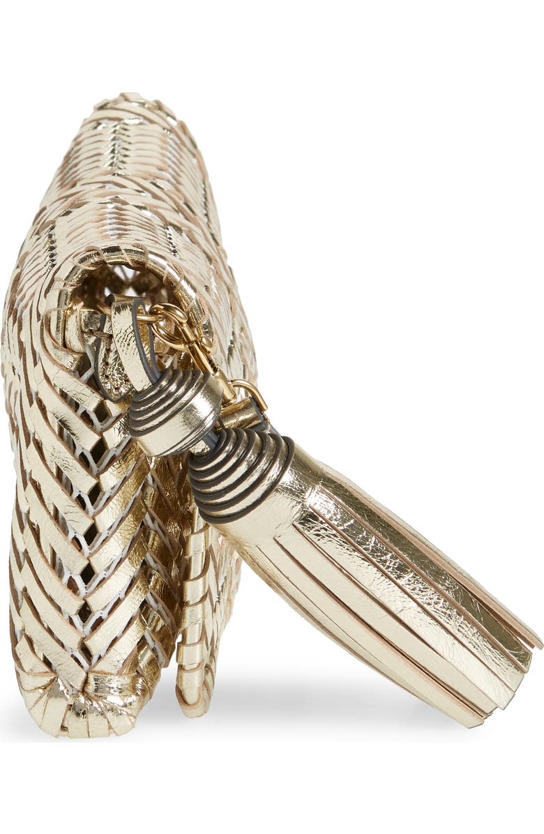 Anya Hindmarch The Neeson Herringbone Woven Metallic Leather Tassel Clutch, Alternate, color, Platino
