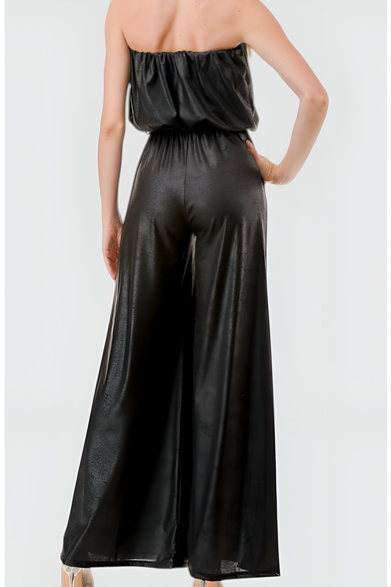 Strapless Satin Jumpsuit with Belted Waist and Wide Leg Silhouette, Alternate, color, Black