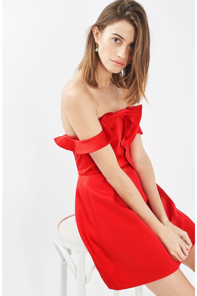 Bardot Ruffle Minidress, Alternate, color, RED