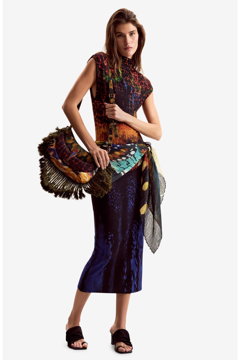 Mock Neck Abstract Print Midi Dress, Alternate, color, BLUE MULTI