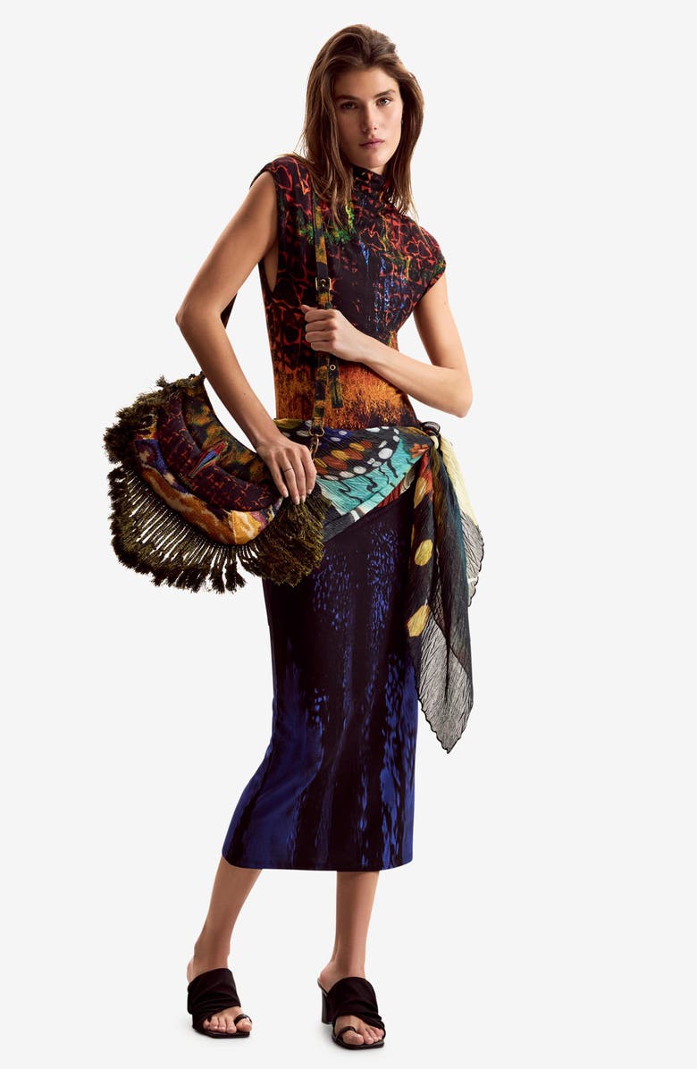 Desigual Mock Neck Abstract Print Midi Dress, Alternate, color, Blue Multi