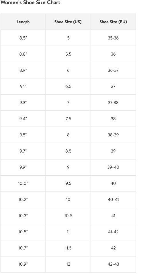 Women's Shoe Size Chart