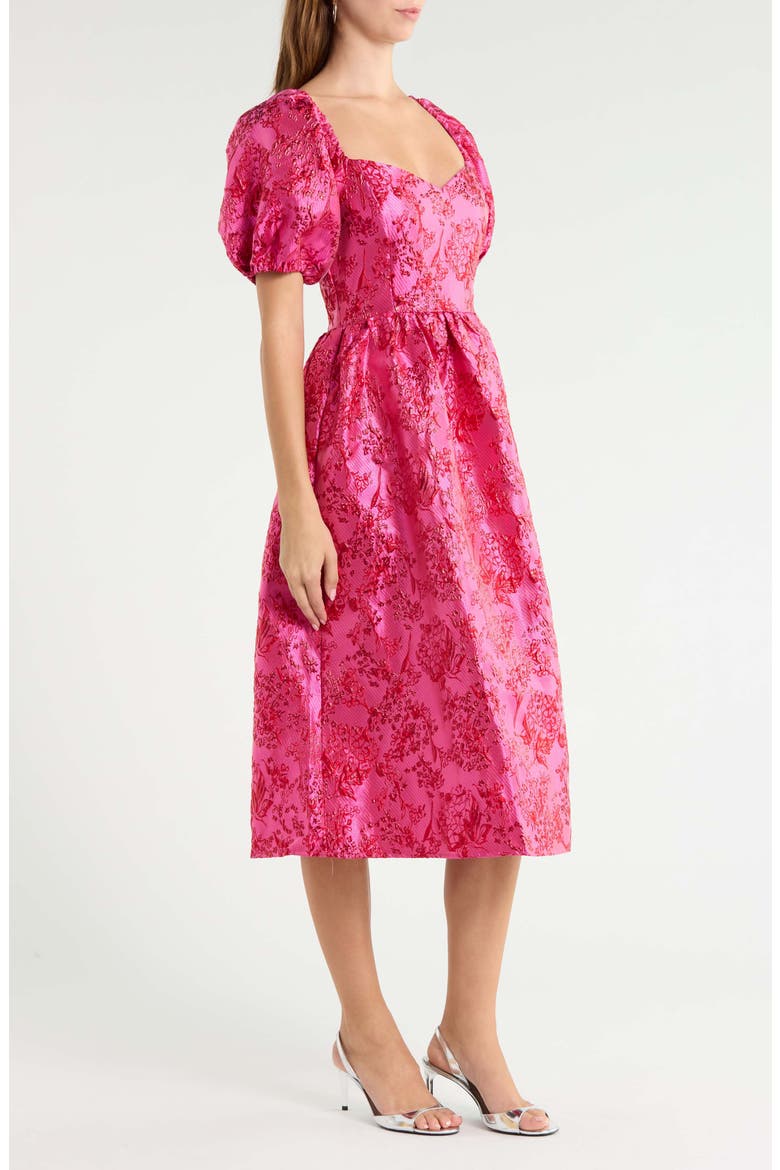 Metallic Floral Jacquard Puff Sleeve Dress, Alternate, color, FUCHSIA