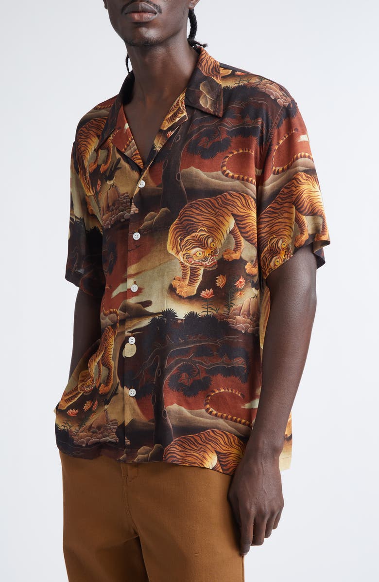 ENDLESS JOY Tiger Magpie Camp Shirt, Alternate, color, Bronze