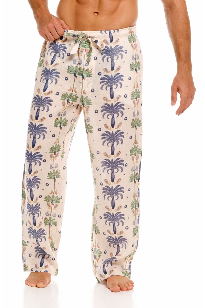 Ben Riviera Palms Ecru Linen Pajama Pants, Main, color, WHITE