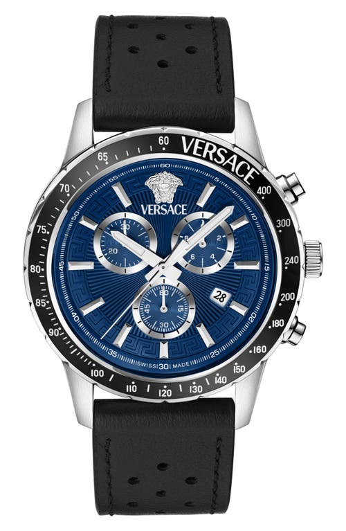 Versace Men's Sport Chrono Silver Stainless Steel And Leather Strap Watch, 44mm In Black/blue/silver