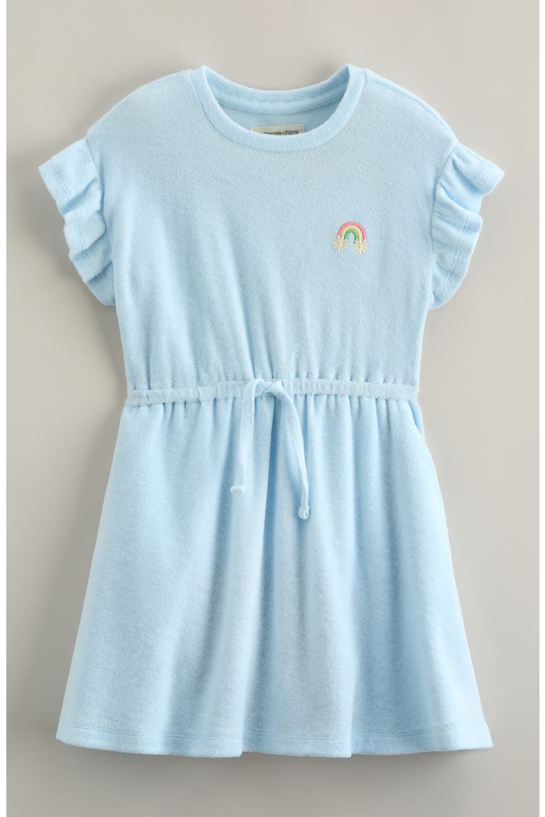Kids' Flutter Sleeve Cotton Terry Dress, Main, color, BLUE RAINBOW FLOWER EMBROIDERY