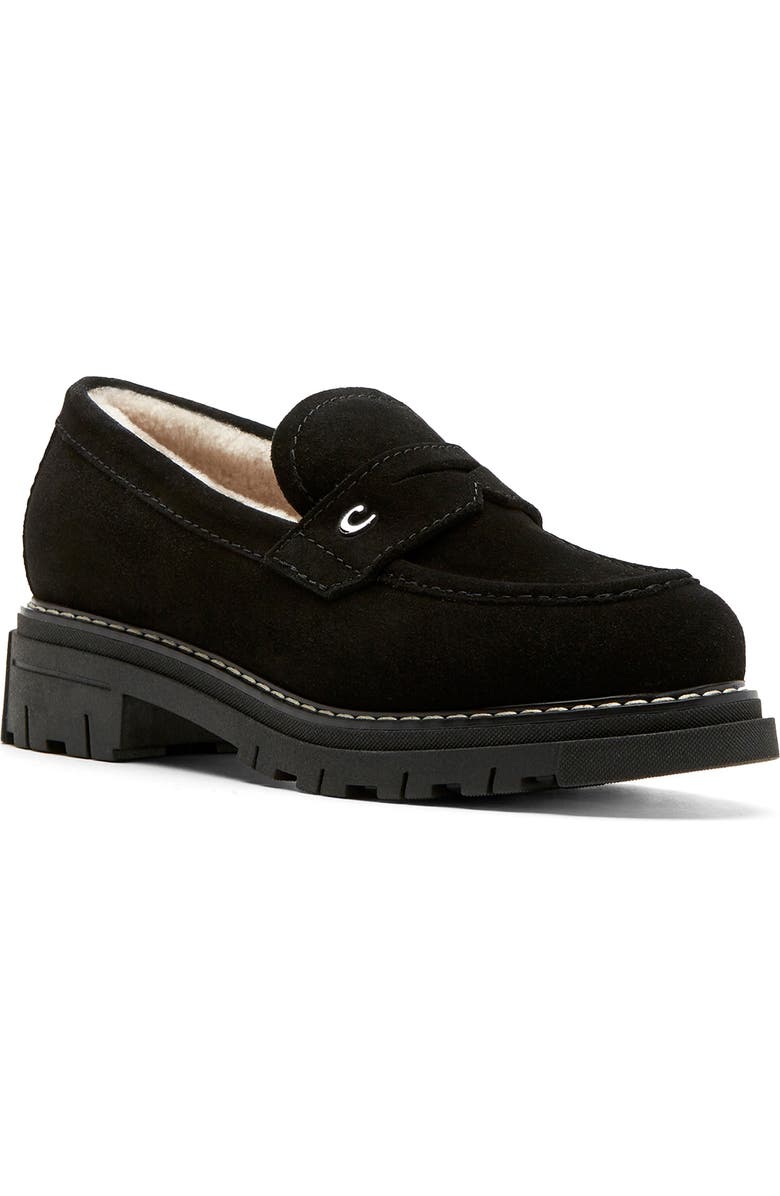 La Canadienne Donny City Dry<sup>™</sup> Waterproof Genuine Shearling Penny Loafer, Main, color, Black Suede