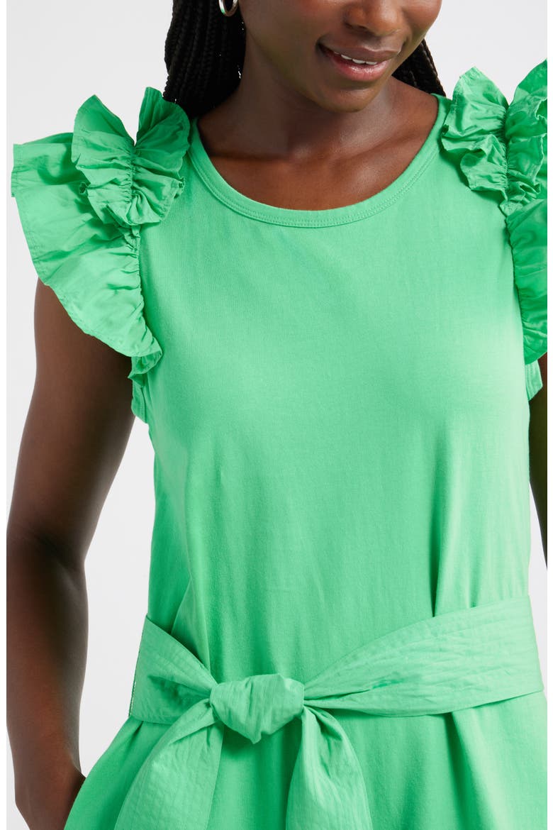 Ruffle Tie Waist Mixed Media Dress, Alternate, color, GREEN CELTIC
