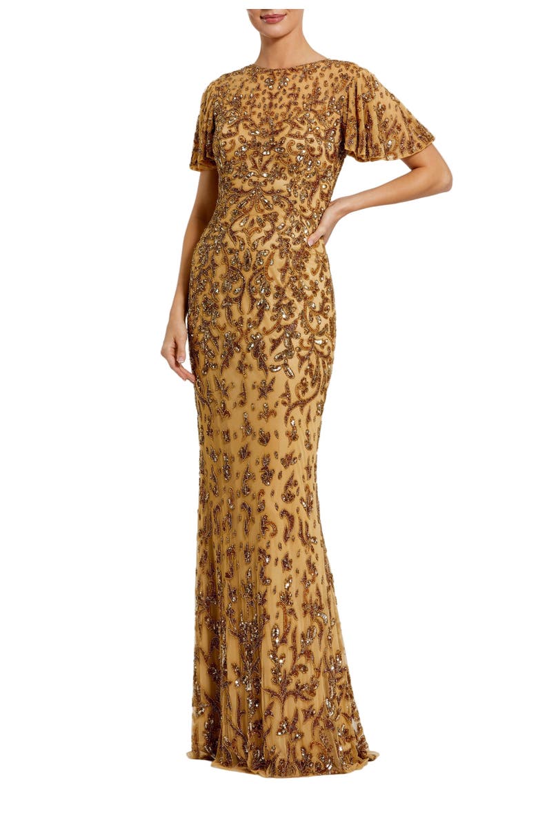 Mac Duggal Embellished High Neck Flutter Sleeve Gown, Main, color, Nude Gold
