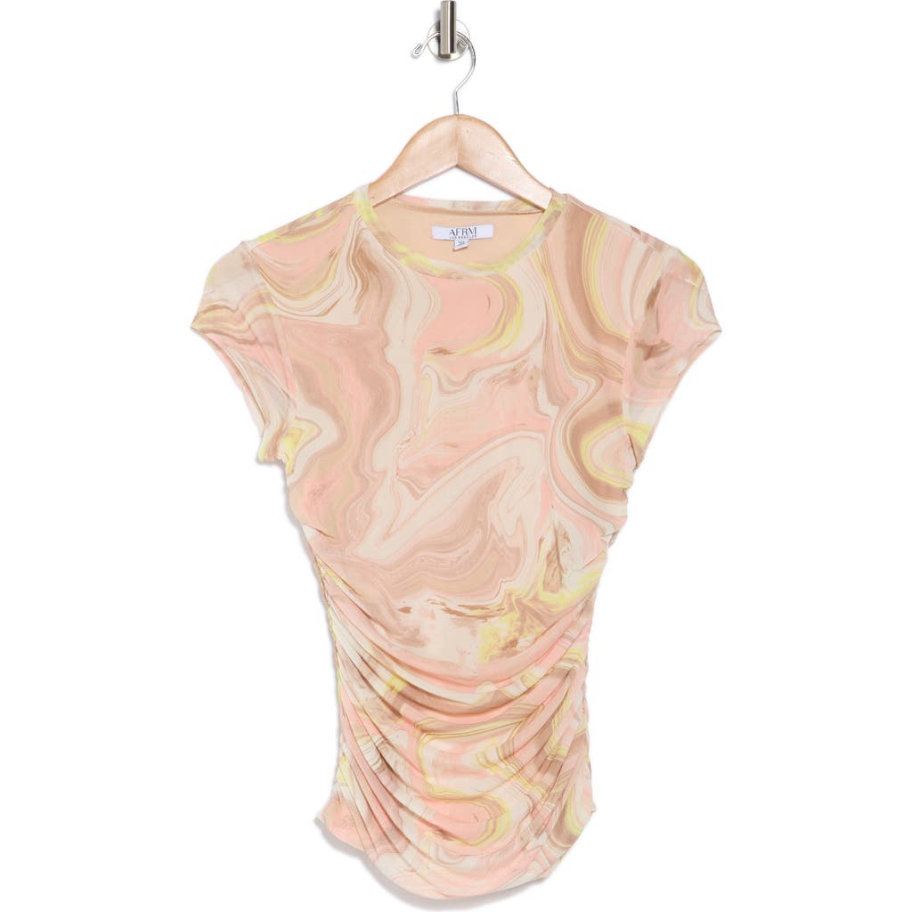 Afrm Los Angeles Lacey Cap Sleeve Ruched Mesh Top In Sand Swirl