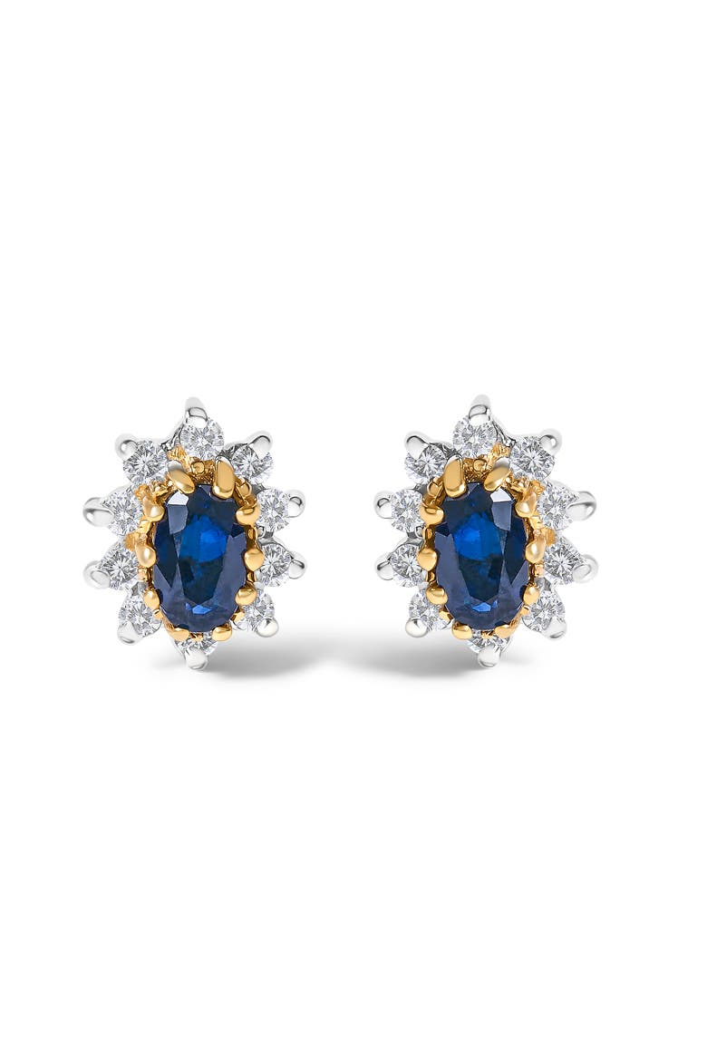 14K Yellow Gold 1/4 Cttw Diamond and Sapphire Sunburst Halo Stud Earrings, Main, color, Yellow