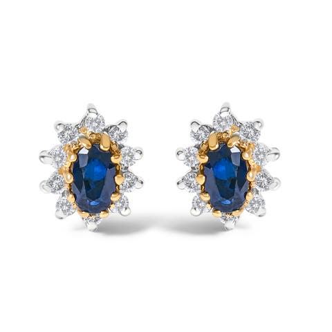 14K Yellow Gold 1/4 Cttw Diamond and Sapphire Sunburst Halo Stud Earrings