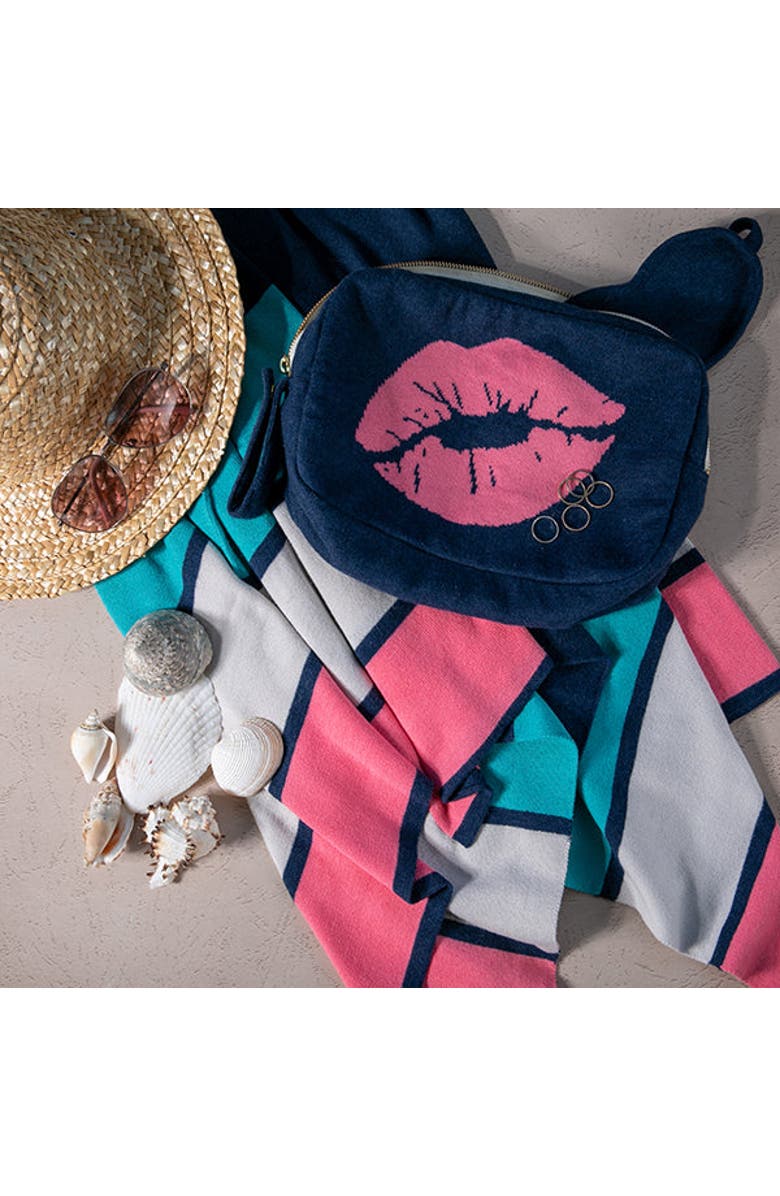 Pink Lemonade Kiss Lips Organic Cotton Travel Blanket and Eye Mask Set, Main, color, Navy