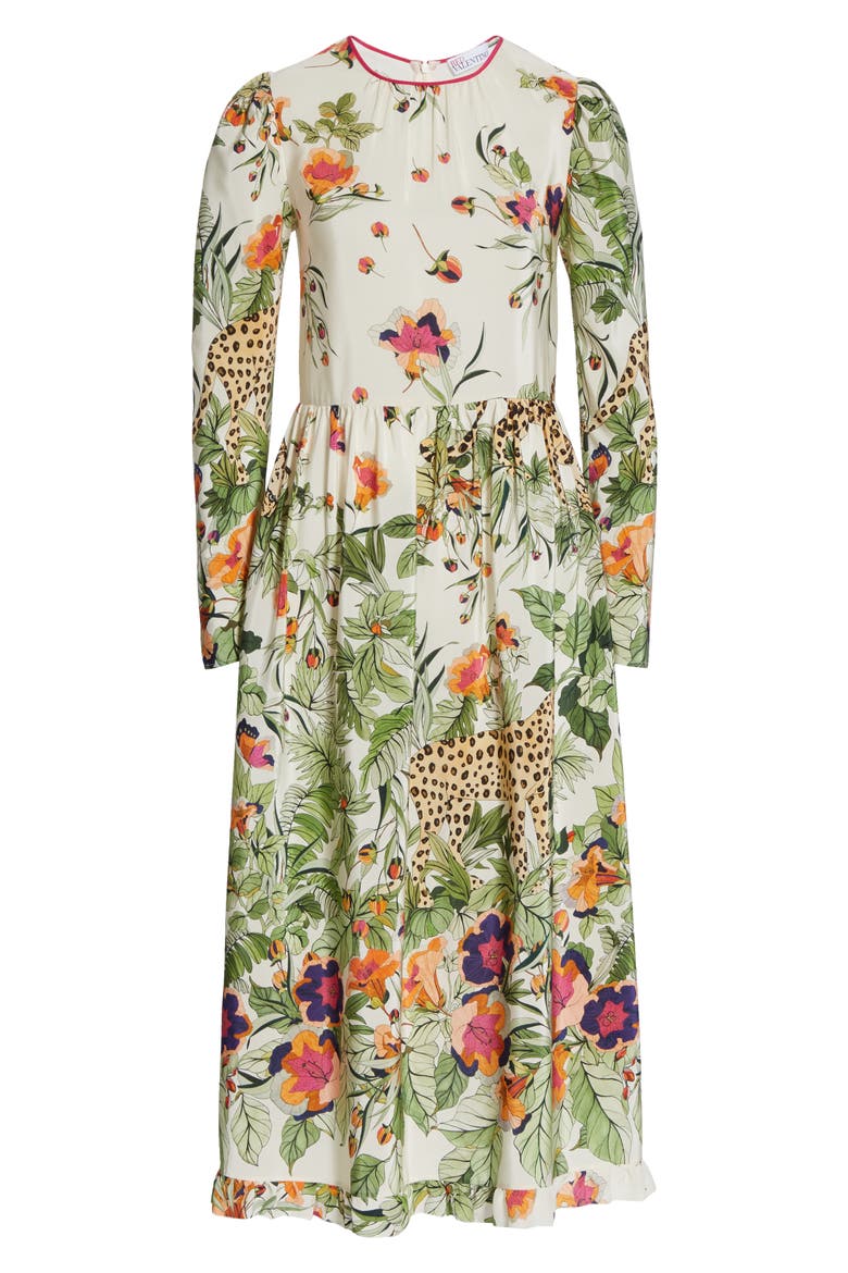 Jungle Print Long Sleeve Silk Midi Dress, Alternate, color, LATTE