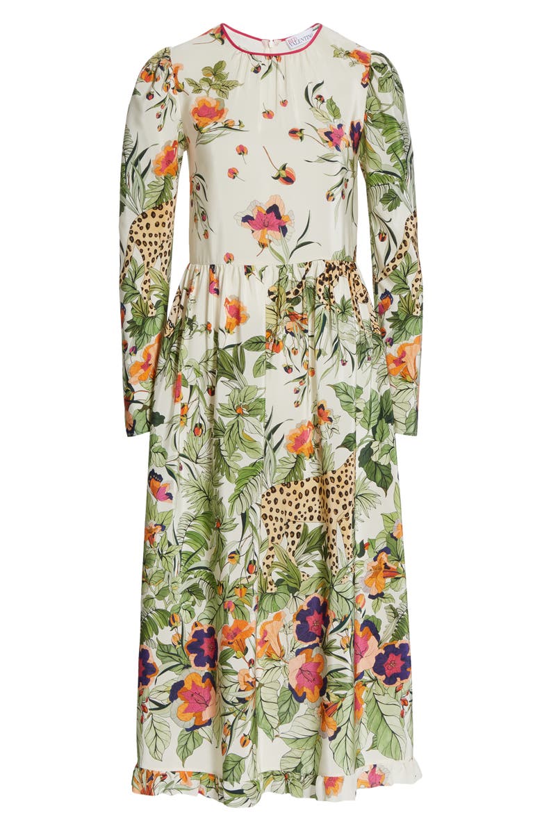 RED Valentino Jungle Print Long Sleeve Silk Midi Dress, Alternate, color, 