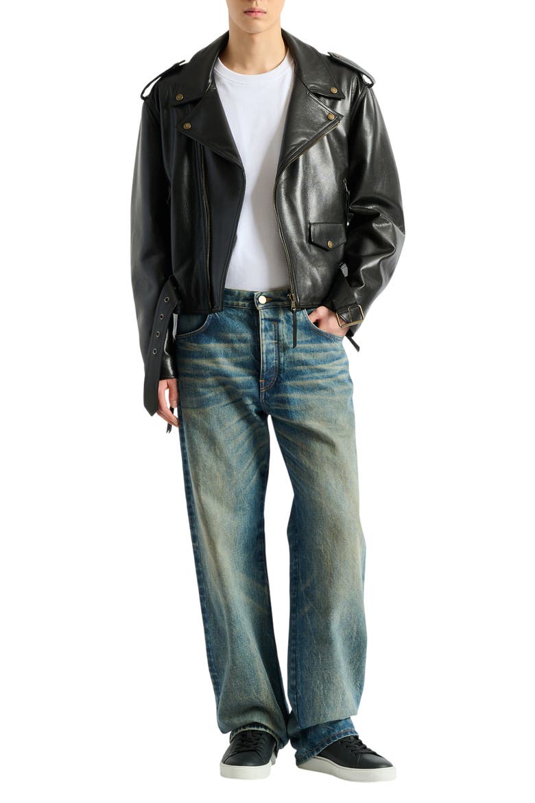 Textured leather biker jacket, Alternate, color, black