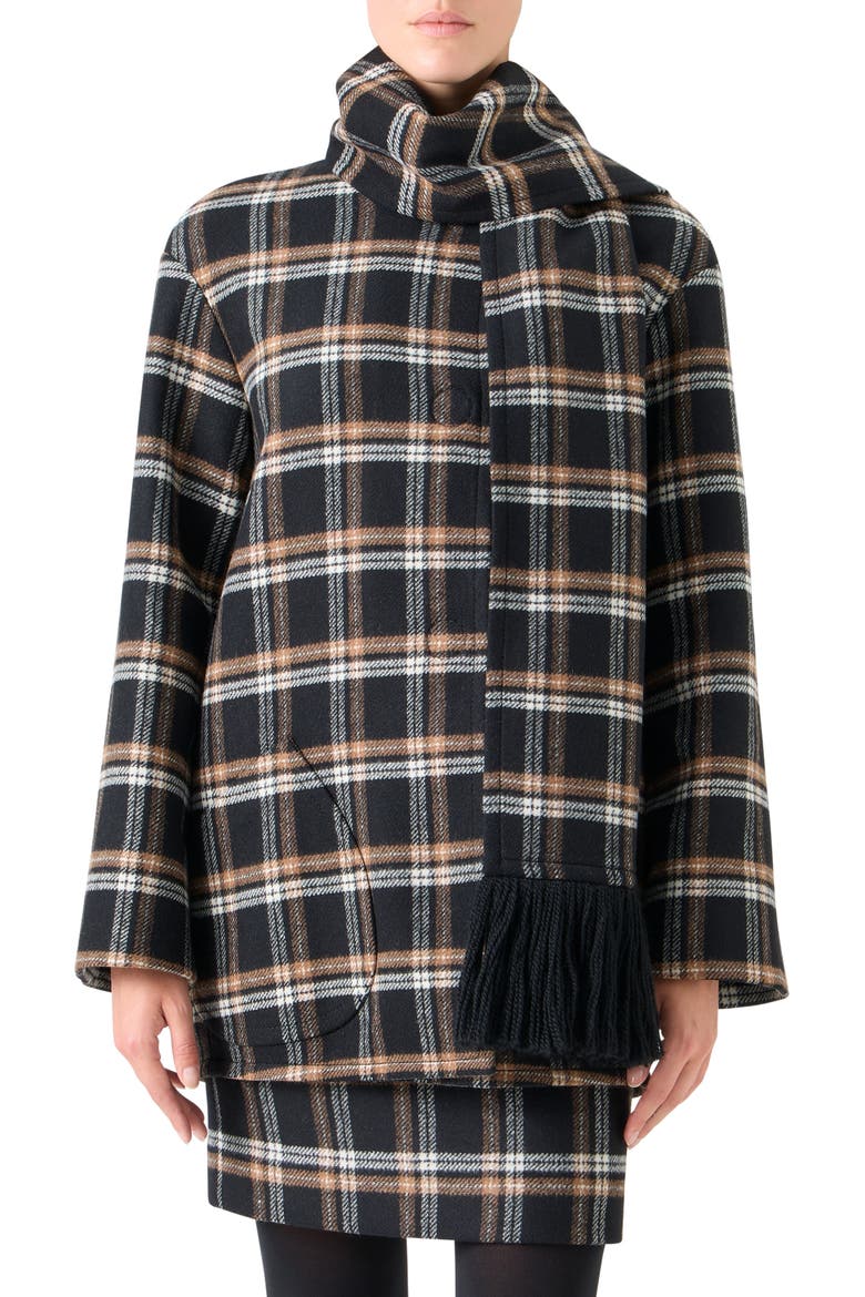 Plaid Double Face Wool Blend Jacket with Removable Scarf, Main, color, BLACK-CAMEL-CREAM