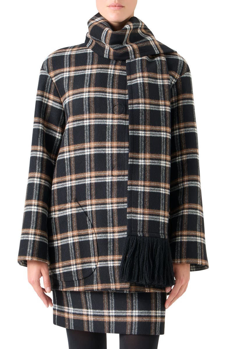 Akris punto Plaid Double Face Wool Blend Jacket with Removable Scarf, Main, color, Black-Camel-Cream