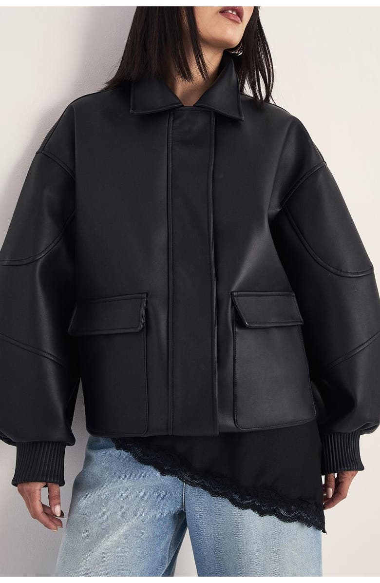 NASTY GAL Longline Faux Leather Bomber Jacket, Alternate, color, Black