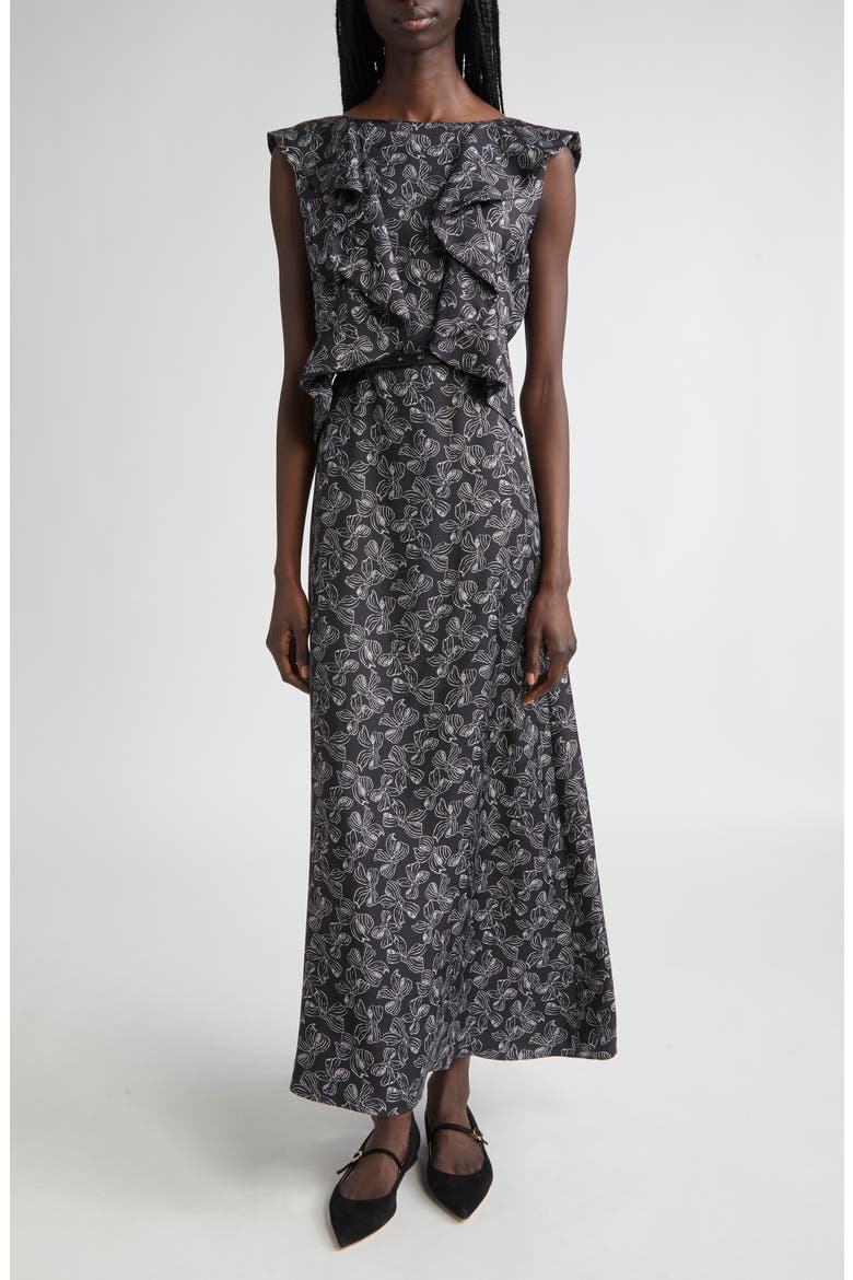 Calesse Bow Print Silk Twill Midi Dress, Main, color, BLACK/ WHITE