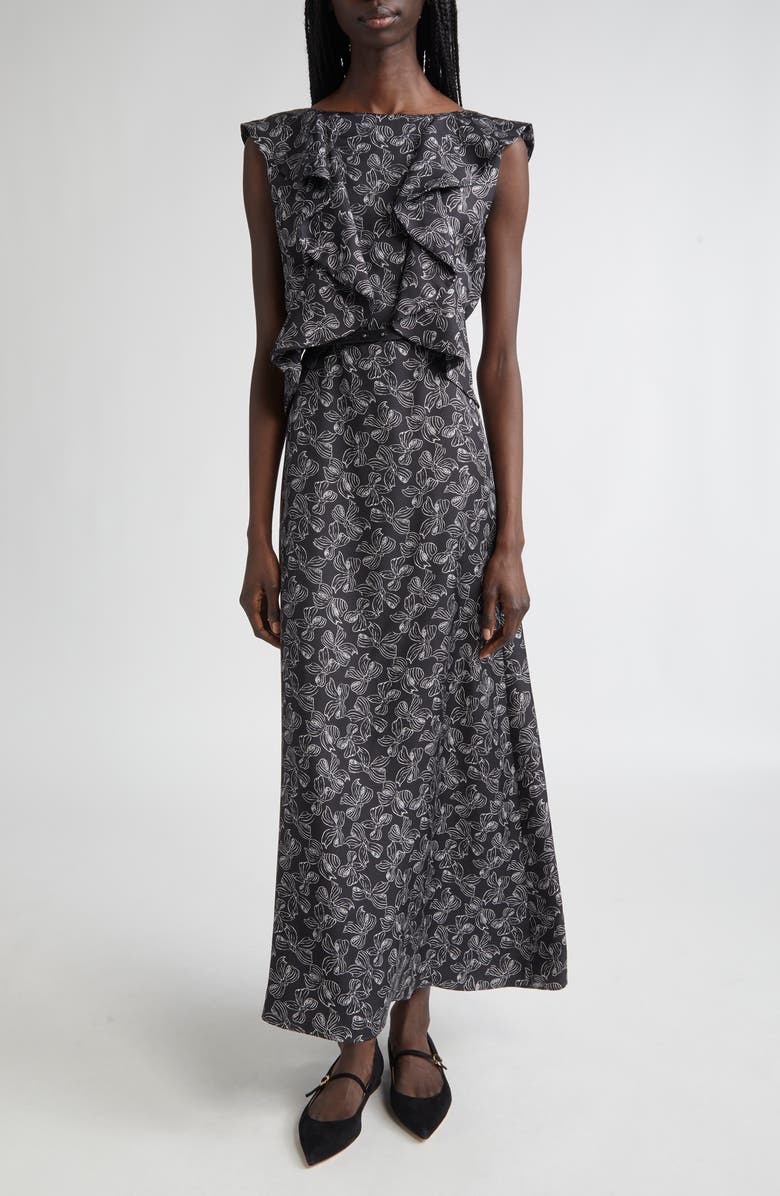 Max Mara Calesse Bow Print Silk Twill Midi Dress, Main, color, Black/ White