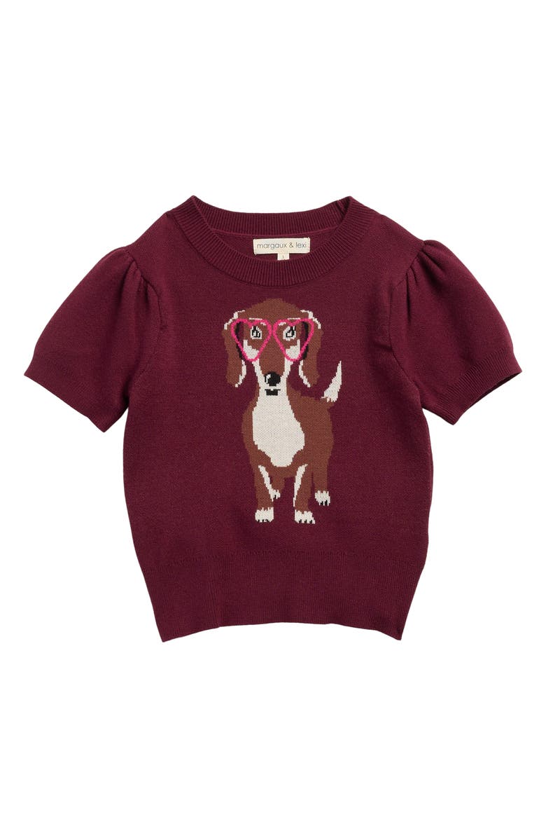 MARGAUX AND LEXI Kids' Dog Jacquard Short Sleeve Sweater, Main, color, Burgundy
