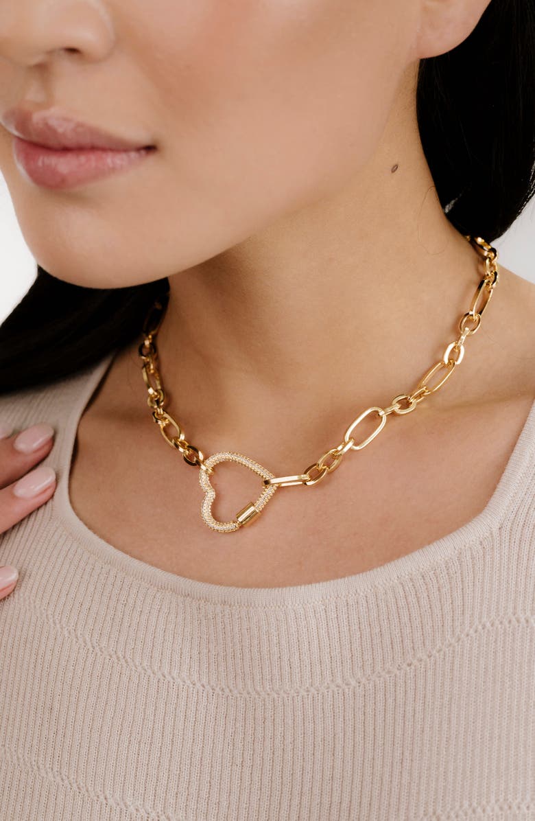 Ettika Crystal Pavé Heart Clasp Necklace, Alternate, color, Gold
