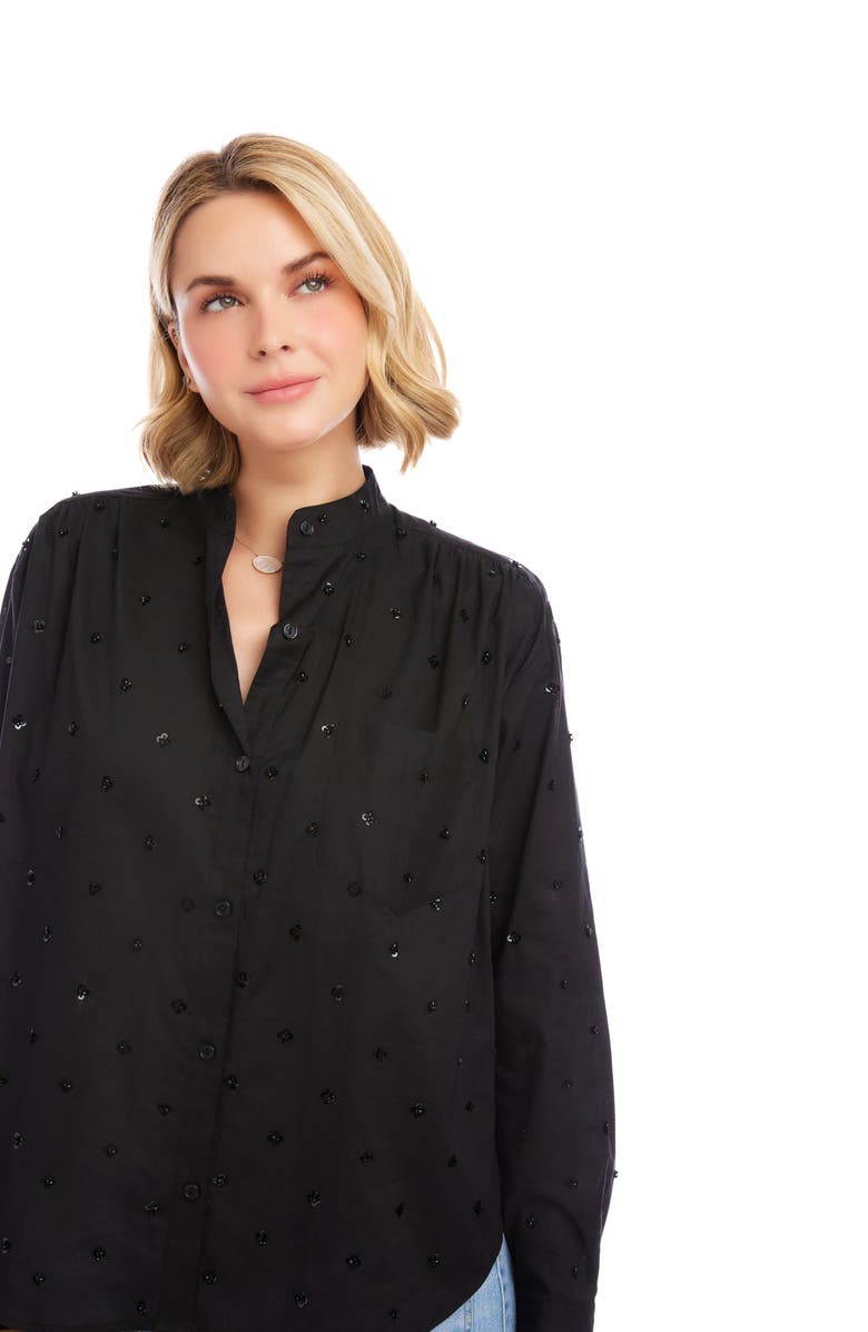 Karen Kane Floral Embellished Button-Up Shirt, Alternate, color, Black