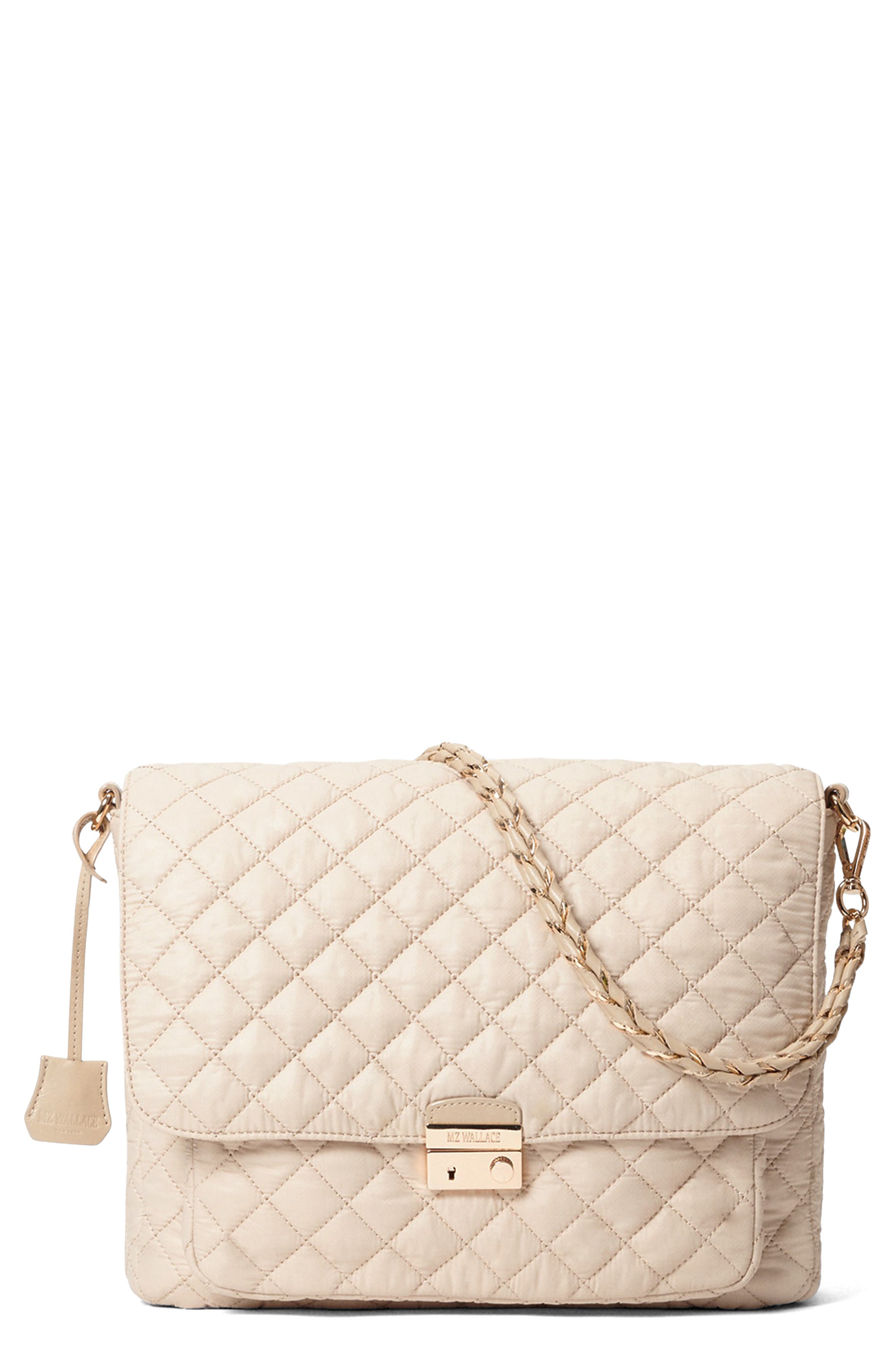 MZ Wallace Large Crosby Lock Quilted Nylon Crossbody Bag, Main, color, Buff