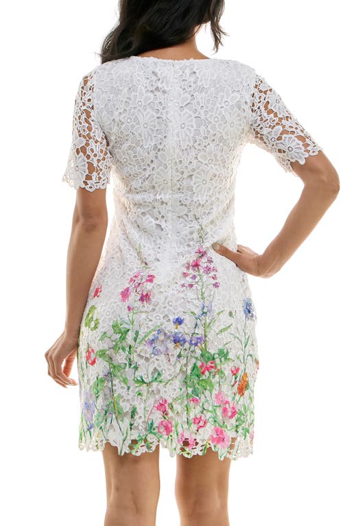 Nina Leonard Floral Border Elbow Sleeve Lace Sheath Dress In White Multi