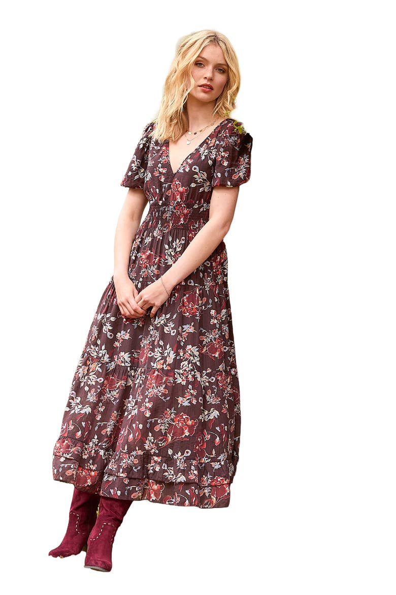 V-Neck Flounce Midi Dress, Main, color, MULBERRY GARDEN