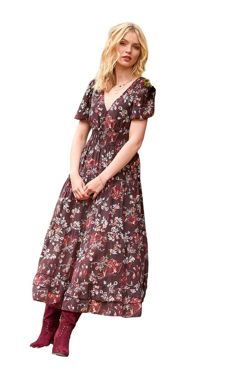 Joe Browns V-Neck Flounce Midi Dress, Main, color, Mulberry Garden