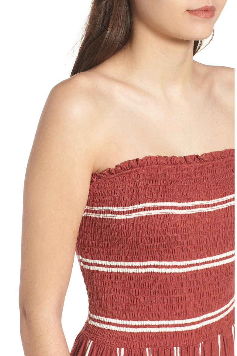 Smocked Ruffle Hem Jumpsuit, Alternate, color, RUST MARSALA SUH STRIPE