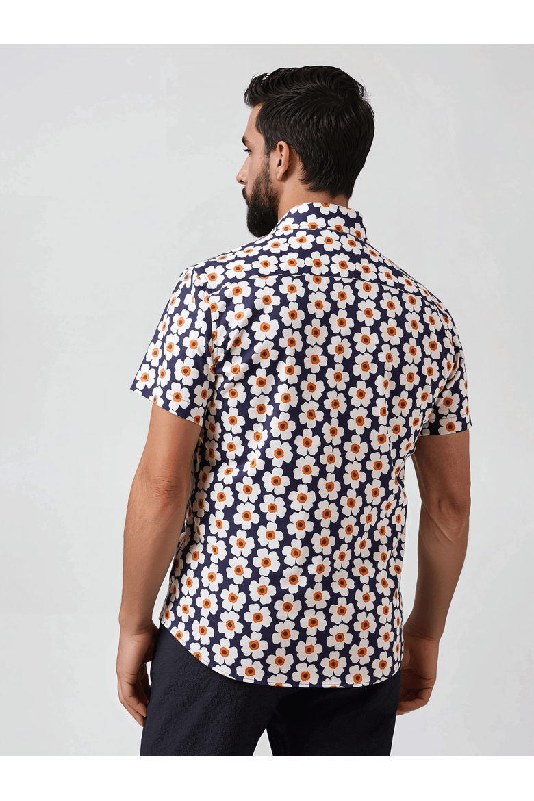 Tencel Stretch Oversized Floral SS Button-Up Shirt, Alternate, color, Navy
