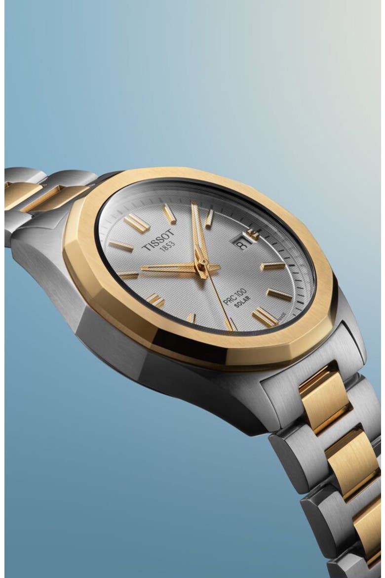 PRC 100 Solar Two-Tone Bracelet Watch, 34mm, Alternate, color, SILVER