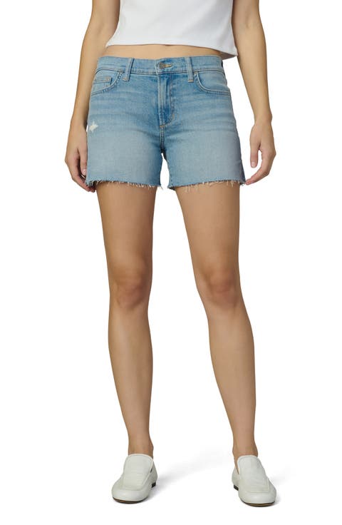 The Ozzie Raw Hem Side Slit Mid Rise Denim Shorts (Accolade)