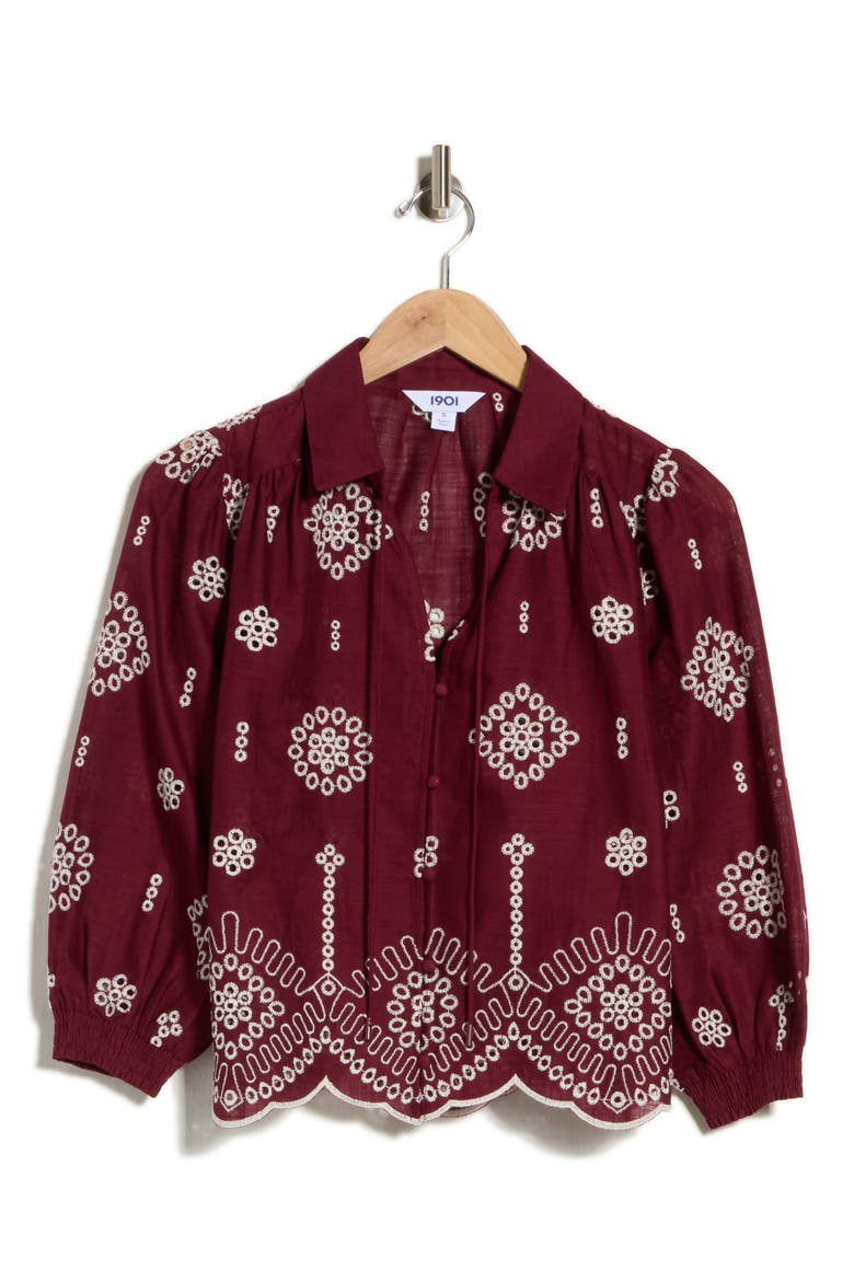 Cotton Eyelet Popover Top, Alternate, color, BURGUNDY IVORY FLORAL EYELET