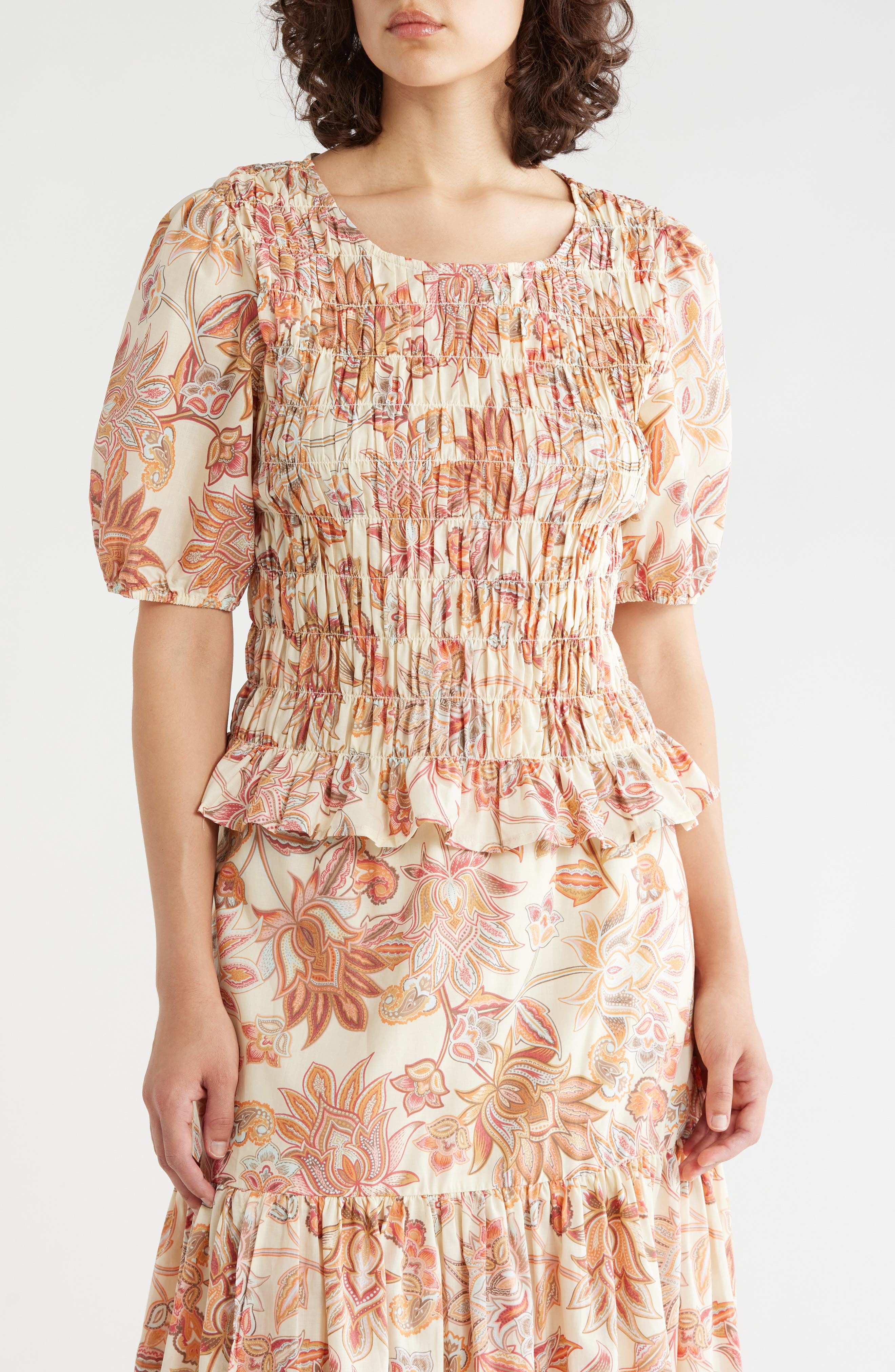 Sanctuary Nanette Paisley Puff Sleeve Smocked Cotton Top
