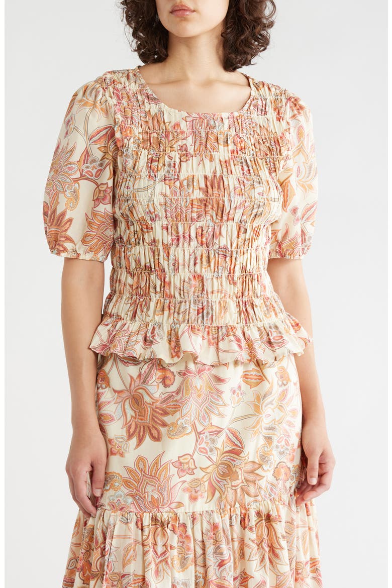 Nanette Paisley Puff Sleeve Smocked Cotton Top, Main, color, SOUL GARDEN PINK