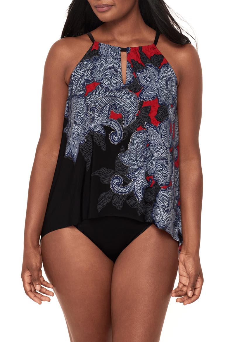 Steel Magnolias Peephole Tankini Top, Main, color, BLK/ MULTI