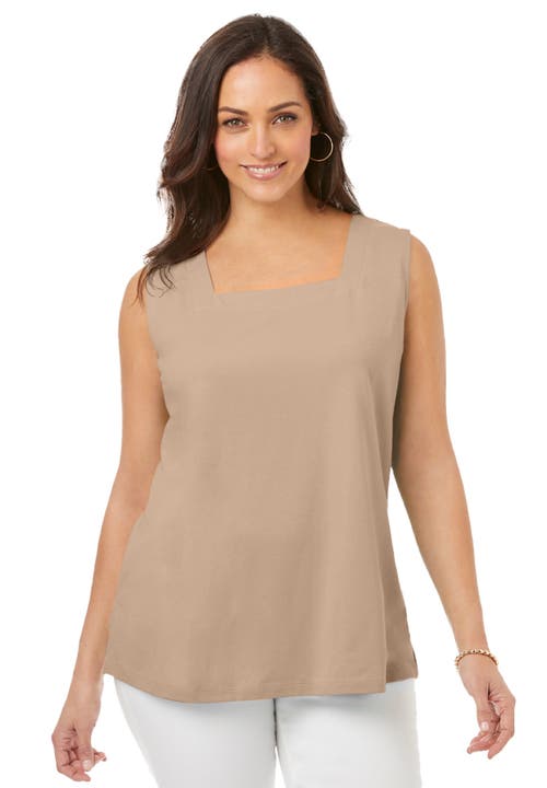 Jessica London Stretch Cotton Square Neck Tank In Neutral