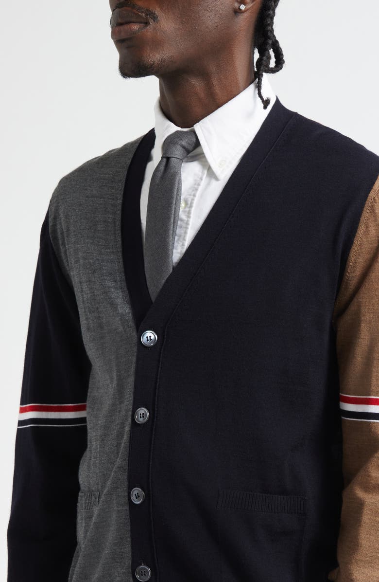 Thom Browne Fun-Mix Colorblock Relaxed Virgin Wool Cardigan, Alternate, color, Navy/ Grey/ Brown