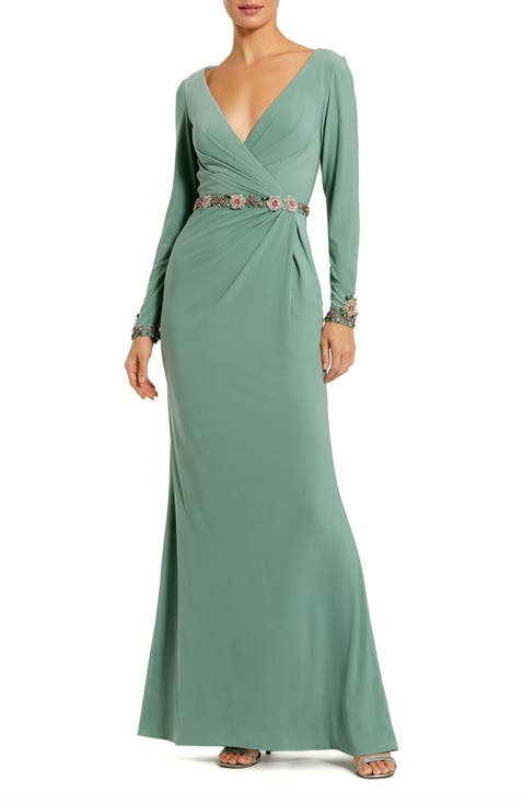 Jersey Long Sleeve V Neck Gown With Beaded Belt